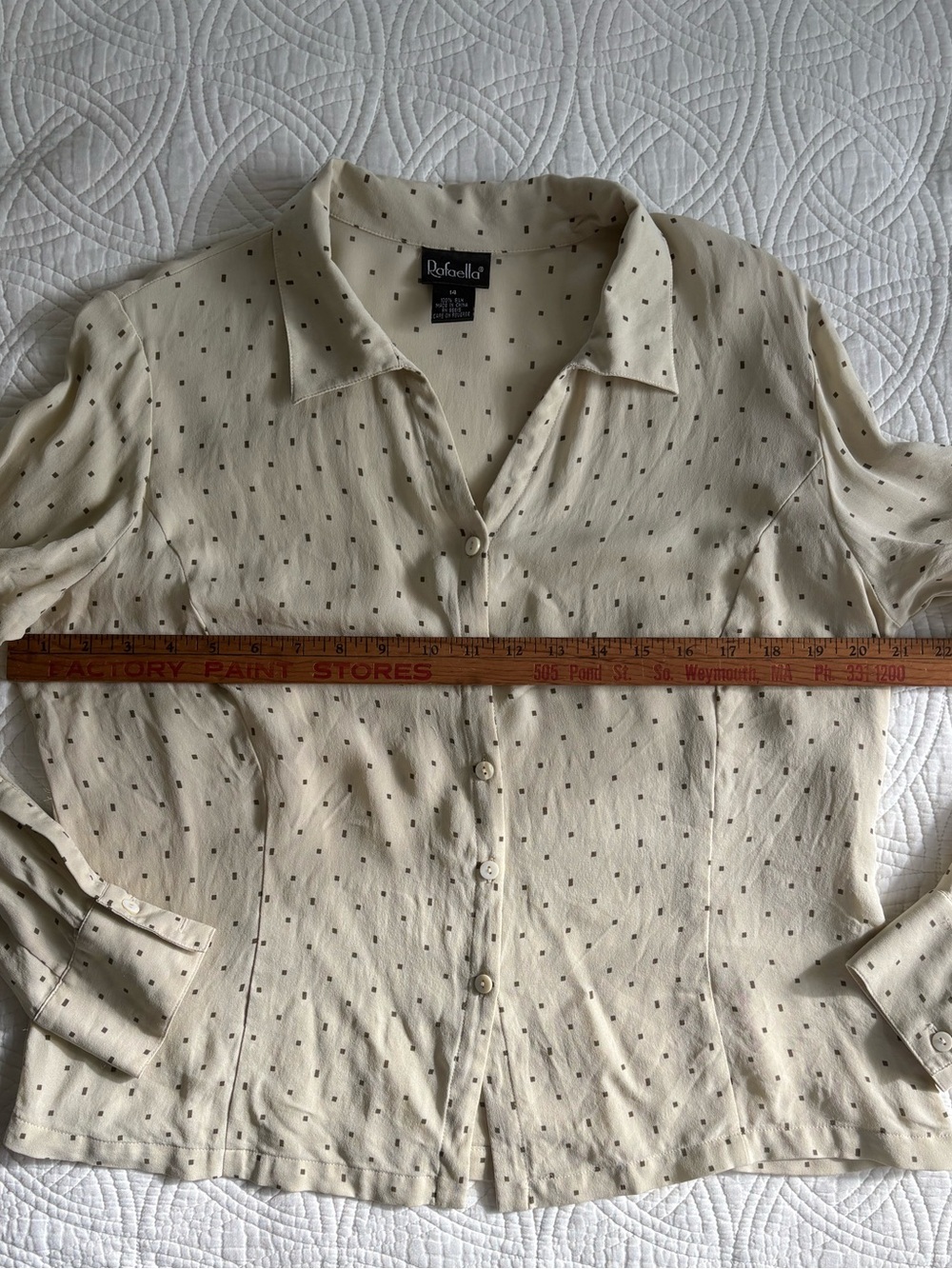 Silk Vintage Button Down Size 14 Cream with Brown Geometric Print - Picture 5 of 9